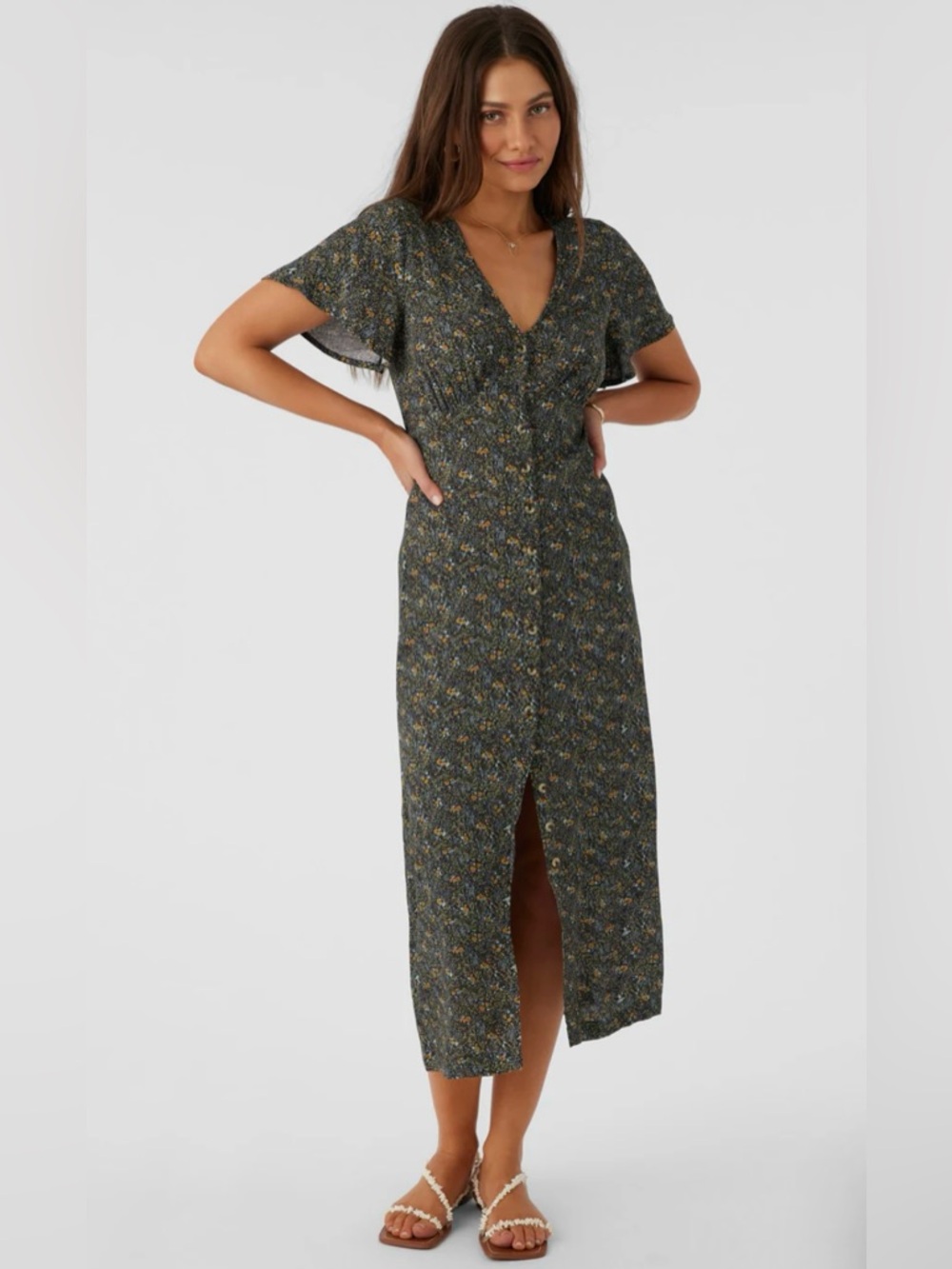 O'Neill Black Floral Button-Front Midi Dress